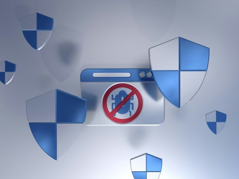 Graphic showing a web browser with a security shield and a no entry symbol.